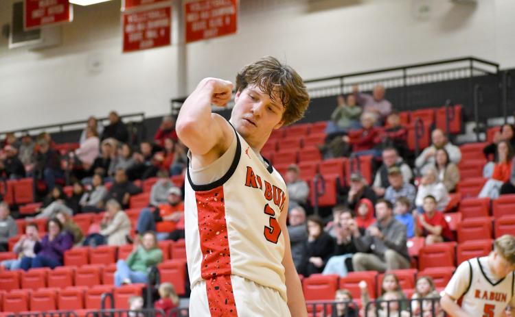 Wesley Branch/The Clayton Tribune. Rabun County senior Huey Blalock flexes after a basket in Rabun County’s 57-45 Feb. 4 win over Providence Christian Academy. Blalock earned Region Player of the Year for the second consecutive season.