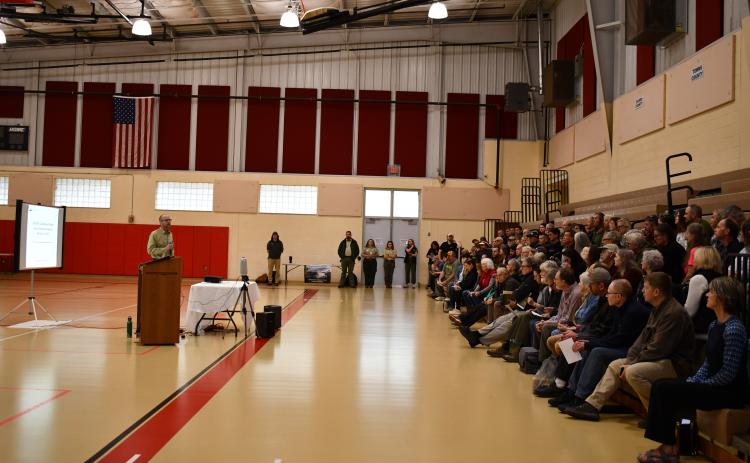 Megan Horn/The Clayton Tribune. U.S. Forest Service officials speak to a large crowd on Feb. 18 at the Rabun County Recreation Department for the fourth annual Foothills Landscape Project Stakeholder meeting.