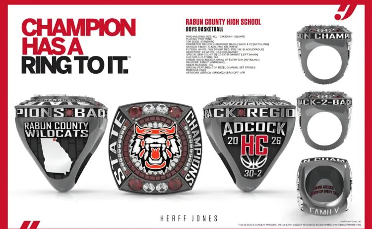 Submitted. The Rabun County boys basketball team will receive these championship rings pictured above once the rings are completed later this year. The Wildcats went 30-2 this season, winning the Class A Division I state title over Southwest on March 13 in the Macon Coliseum for the school’s first-ever hoops championship.