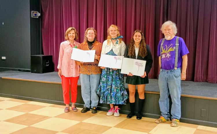Megan Horn/The Clayton Tribune. Pictured are Allyson Aldrich, scholarship committee member; Christy Walden from Habersham Central High School, recipient of the Carolyn Hill Memorial Scholarship; Kendall Weisser from Rabun Gap-Nacoochee School, recipient of the Paula Van Huss Memorial Scholarship; Maria Valentina Aria Camargo from Tallulah Falls School, recipient the Celia Durand Memorial Scholarship; and Scholarship Committee Member Dietricht Hoecht. Not pictured is Scholarship Committee Chair Helen Rogers.