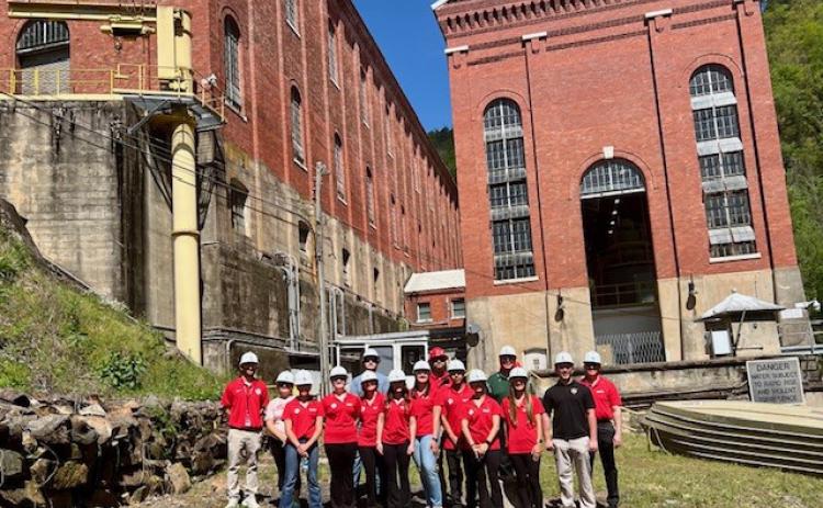 Submitted photo. Forward Rabun Youth Leadership members pose as a group outside Georgia Power’s Tallulah Gorge Hydroelectric Generating Plant on April 14. This visit was the last of the group’s current curriculum.