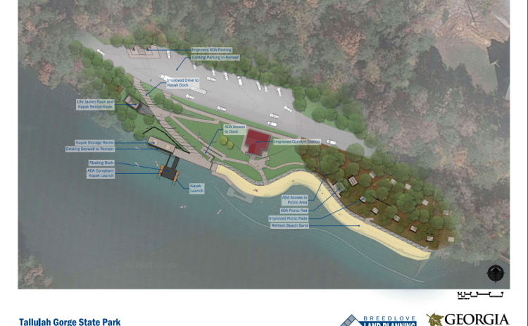Submitted. A rendering of the Terrora Day Use Area Beach at Tallulah Gorge State Park after construction to become ADA compliant. The area will include improved ADA parking; existing parking to remain; an improved driver to the kayak dock; a life jacket, rack and kayak rental kiosk; kayak storage racks; An ADA compliant kayak launch and another kayak launch; and ADA access to the picnic area and picnic pad; as well as improved picnic pads and refreshed beach sand.