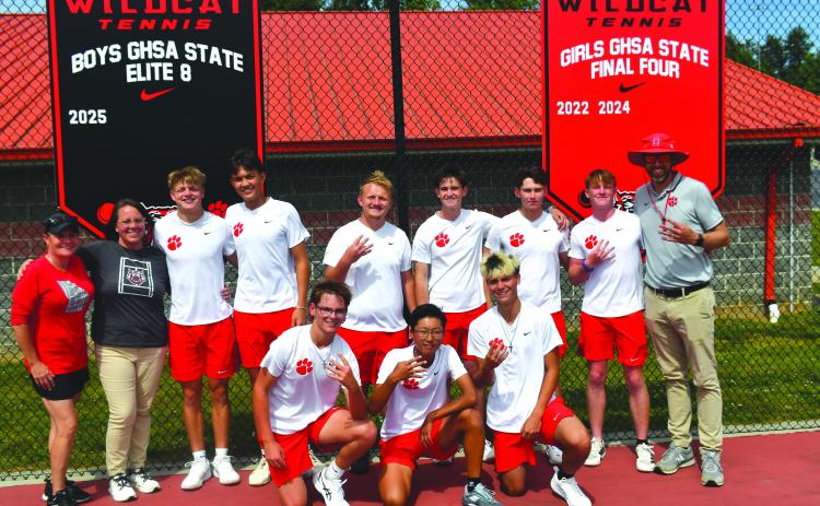 Wesley Branch/The Clayton Tribune. The Rabun County boys tennis team poses for a photo after its 4-0 win over Swainsboro in the Elite Eight at Rabun County High School on May 4. The win for the Wildcats secured their first Final Four appearance in program history for the boys. RCHS will host Model Friday afternoon in the semifinals.