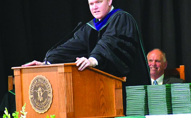 Enoch Autry/The Clayton Tribune. Georgia Court of Appeals Judge Brian Rickman gives the commencement speech for the Tallulah Falls School Class of 2026 on May 22. Rickman, a Tiger resident, is on the school’s board of trustees and his daughter was a member of the graduating class. On July 3, Rickman will leave the bench to join Cathey & Strain, LLC, in Cornelia. 