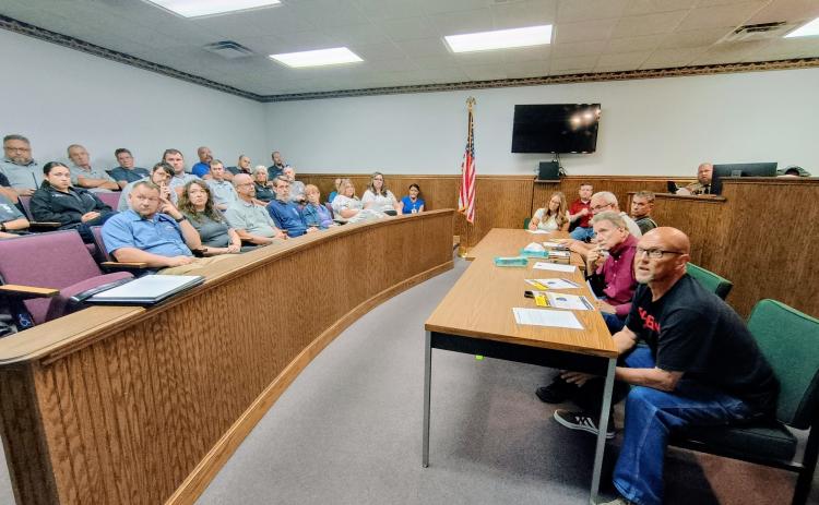 Megan Horn/The Clayton Tribune. Rabun County Commissioners meet during a special called meeting on June 30 to discuss Rabun County EMS stopping interfacility transports from Mountain Lakes Medical Center effective Aug. 14. Many EMS employees attended the meeting, along with members of the public and representatives from the hospital. 