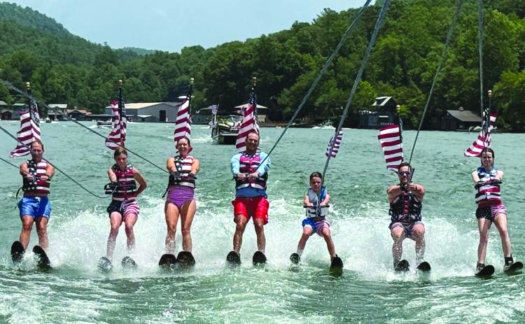 Submitted photo. Veteran members of the Ski Patriots display their talents on the water of Lake Burton on July 5.