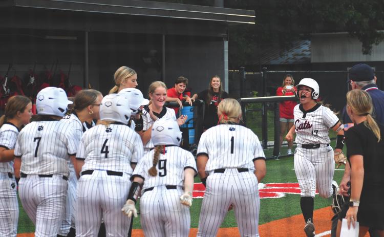 Wesley Branch/The Clayton Tribune. The Rabun County softball team celebrates River Evans’ go-ahead grand slam in the bottom of the sixth inning of the Wildcats’ 15-14 win against East Jackson on Aug. 3. Evans, a junior, went 3-for-4 on the night with a single, double and grand slam.