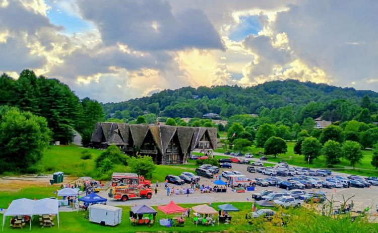 Megan Horn/The Clayton Tribune. An aerial view of the big community turnout for National Night Out (NNO) in Sky Valley on Tuesday, Aug. 4. Over 300 people attended the event set to develop community relationships.