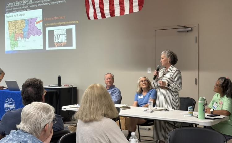 Photos courtesy the Rabun County Democratic Party. Rebecca Sims, Democratic candidate for Georgia House District 32, talks about district concerns.