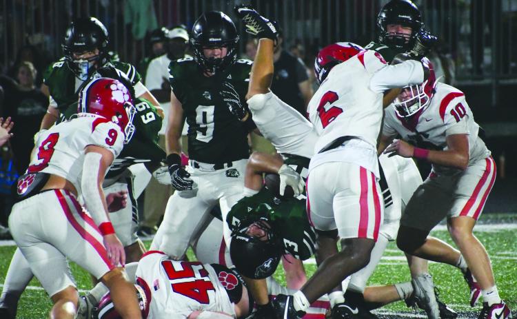 Wesley Branch/The Clayton Tribune. Rabun County linebacker JK Fruster slams a Walnut Grove ball carrier down during Rabun County’s 17-3 loss on Sept. 11 versus Walnut Grove. The Wildcats will host Gilmer on Sept. 18 for “Senior Night.”