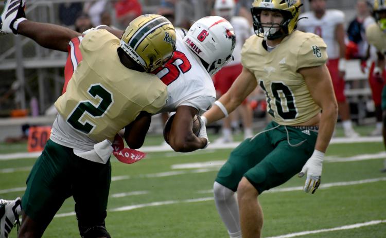 Wesley Branch/The Clayton Tribune. Rabun Gap defensive back Travonne Johnson throws down Providence Day wide receiver Steele Fletcher for a tackle during Rabun Gap’s 17-14 loss versus PD on Sept. 18. The Eagles are now 1-4 on the season.