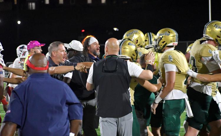 Wesley Branch/The Clayton Tribune. Rabun Gap and Providence Day players and coaches have to be separated after a scuffle in the handshake line after the game ended. RGNS and PD have faced each other for the state championship in two of the last three seasons.