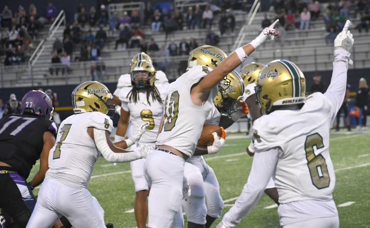 Wesley Branch/The Clayton Tribune. The Rabun Gap defense celebrates after defensive lineman Royce Djouguem recovers a fumble during the Eagles’ 31-6 win over the Lions from Ambassador Christian School on Sept. 25. RGNS will face No. 147 Christian Brothers College in St. Louis on Oct. 1.