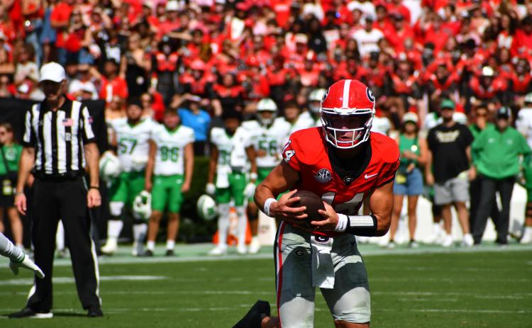 Wesley Branch/The Clayton Tribune. In his first regular-season game as a starter, Bulldog quarterback Gunner Stockton of Tiger pulls the ball down on a scramble against visiting Marshall on Aug. 30, 2025. Georgia opens its 2026 season again at home as Tennessee State comes to Athens.