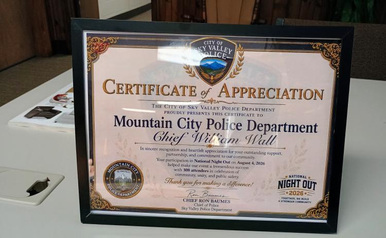 Megan Horn/The Clayton Tribune. The Sky Valley Police Department presented this Certificate of Appreciation to Mountain City Police Department Chief William Wall.