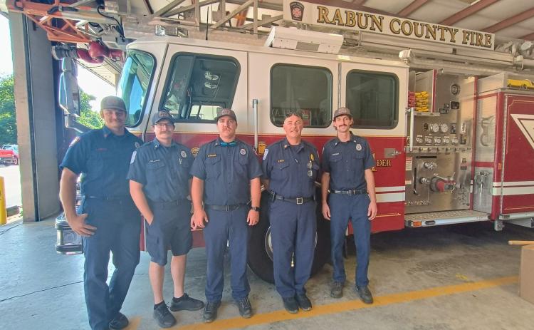 Megan Horn/The Clayton Tribune. Rabun County Fire Services crew members Luke Justice, Issac Williams, Assistant Chief Dalton Freeman, Chief James Reed and Holden Bleckley are ready to serve the community during their shift. Rabun County Fire Services is made up of about 150 dedicated volunteers and 14 paid individuals.