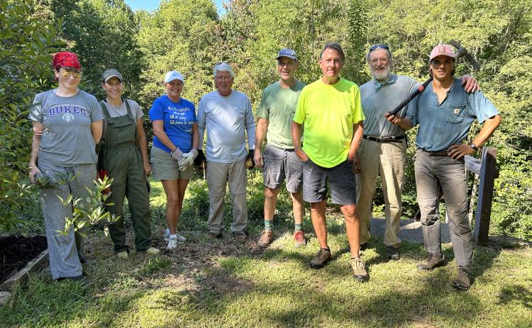 Submitted photo.  Volunteers from multiple groups participated in a Stekoa Creek Park workday on Friday, Sept. 11. Pictured are April Watson; Marcie Moore, with Headwaters Master Gardeners, Rotary Club of Clayton President Laura Seberg; Rotary Club of Clayton past-president Matt Freeman; Rotarian Scott Thompson; City of Clayton employee Mark Nelson; and Buzz Williams and Adam Kluge with Chattooga Conservancy.