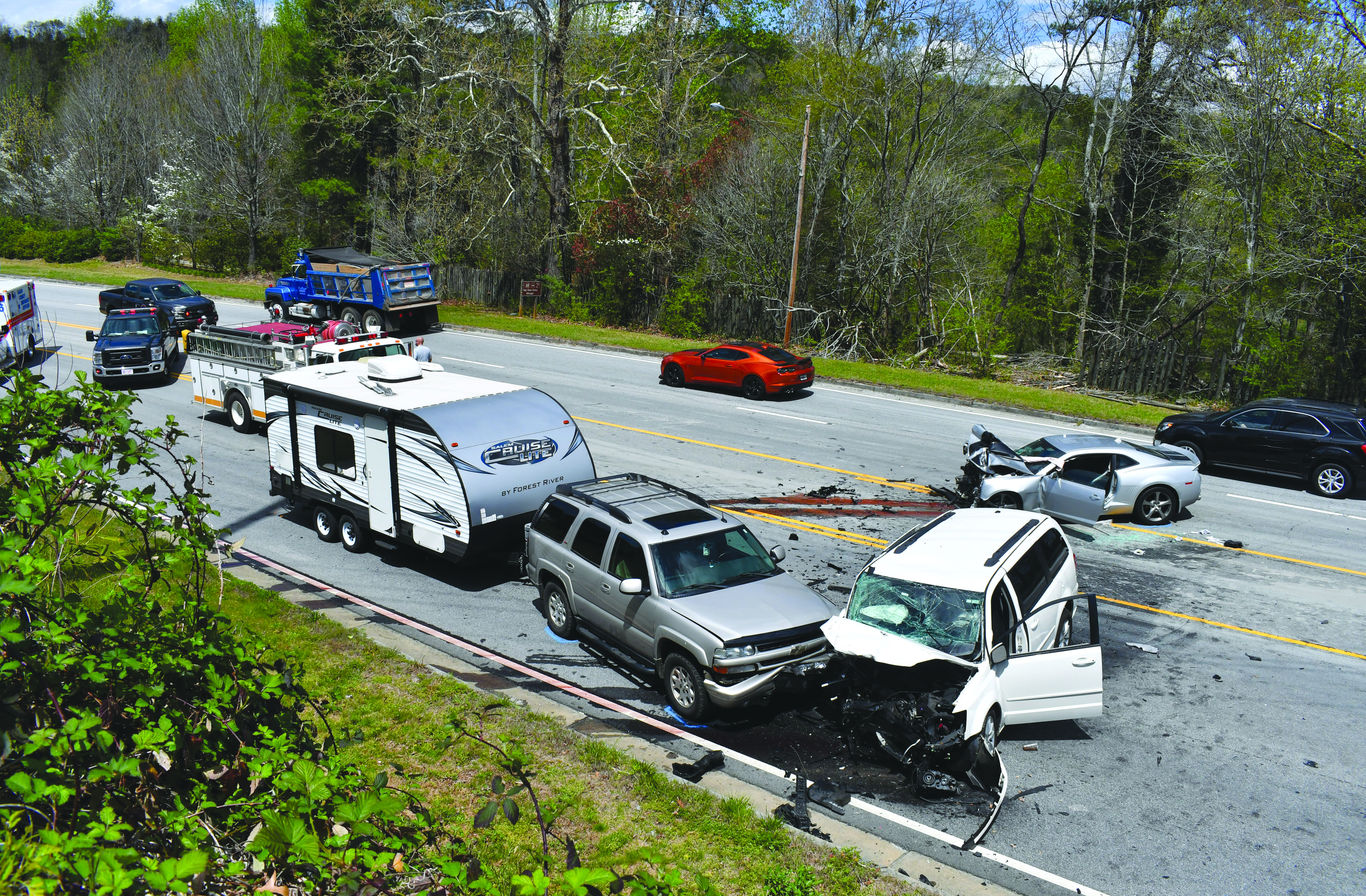 Enoch Autry/The Clayton Tribune. A three-vehicle crash on Ga. 15 in Tallulah Falls Thursday afternoon resulted in serious injuries. One was airlifted following the crash.