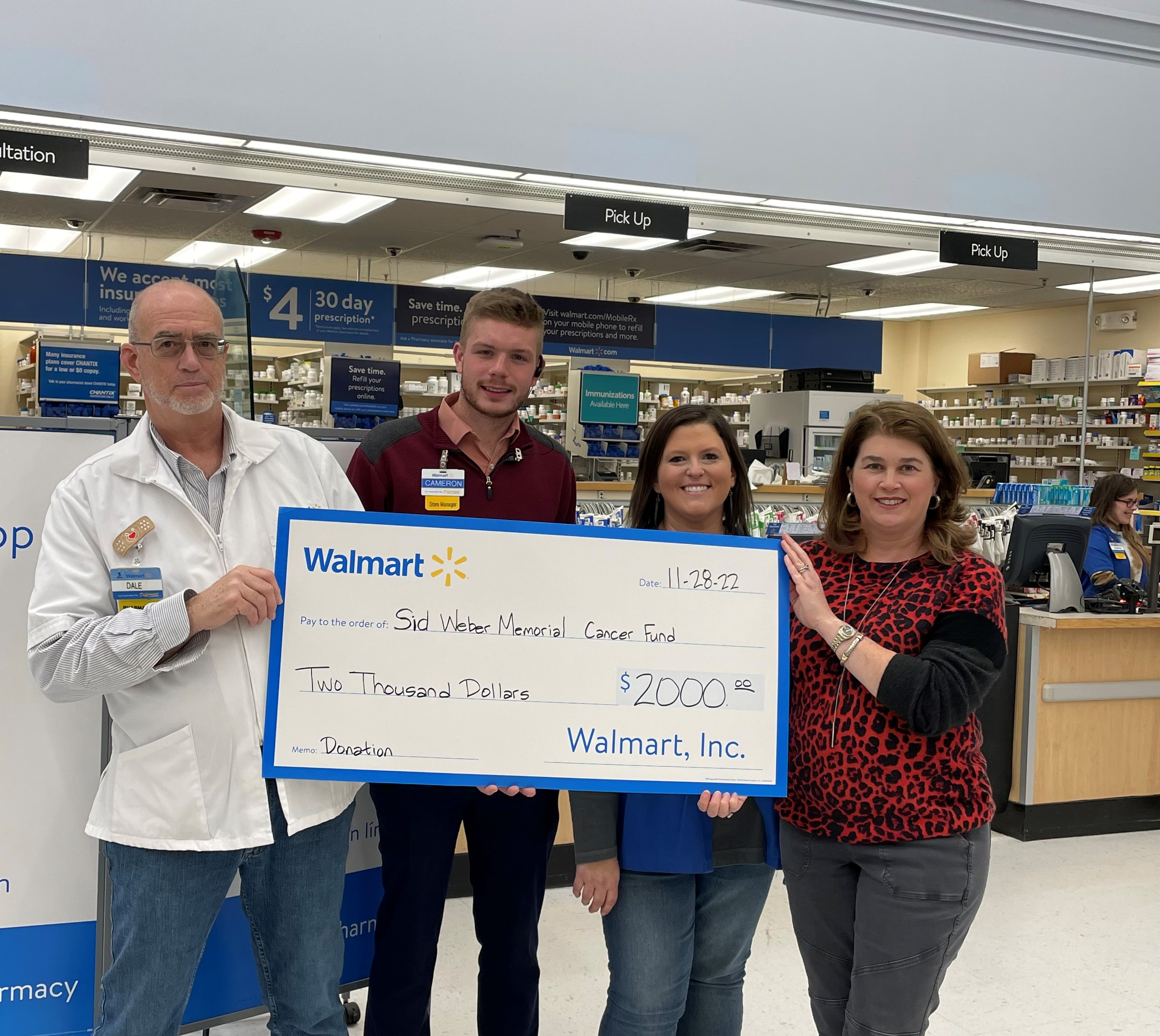 Submitted photo. Pictured are Dale Godwin, pharmacist, (left); Cameron Spivey, store manager; Whitney Upchurch, pharmacy technician; and Jennifer Arbitter, past president of Sid Weber Memorial Cancer Fund.