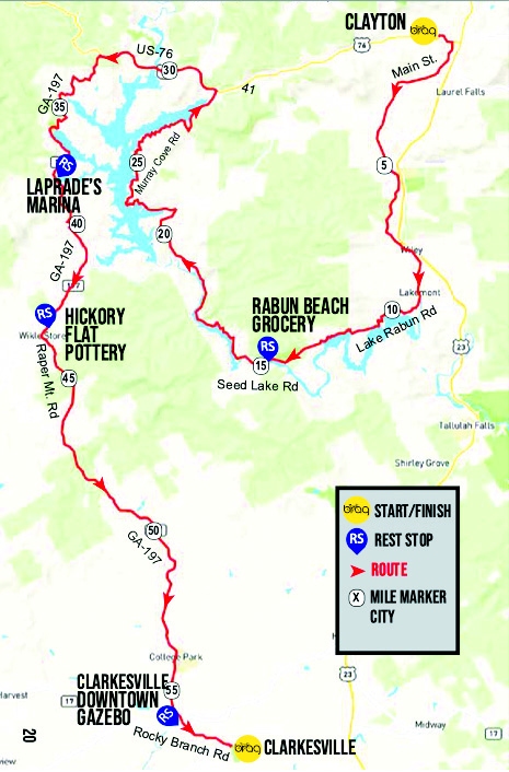 Luke Morey/The Clayton Tribune. A map depicts where the approximately 1,000 bicyclists will be traveling through Rabun County after leaving Clayton on Sunday, June 4. The ride will begin at Clayton City Hall at 7 a.m. Sunday morning. 