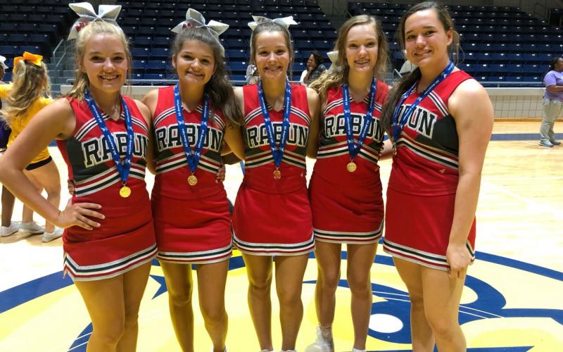 Rabun County cheerleaders, from left, Jaycee  Weber, Miya Stewart, Maci Varnadoe, Kasten Weems and Willow Fisher earned All-American honors. (Submitted Photo)