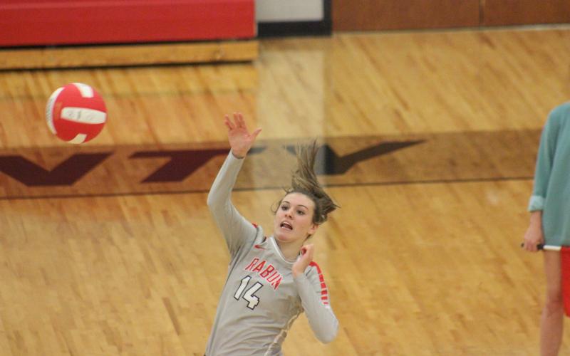 Rabun County's Gracie Deetz attacks Putnam County during a match at Ken Byrd Court in Tiger last Thursday night. (Glendon Poe/The Clayton Tribune)
