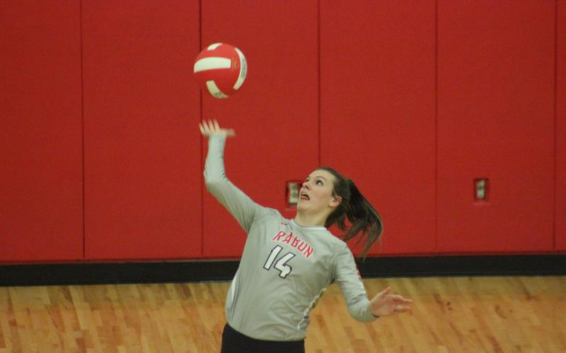 Rabun County’s Gracie Deetz serves against Union County during the GHSA Class A/AA Area 8-Public championship match at Ken Byrd Court in Tiger last Thursday night. (Glendon Poe/The Clayton Tribune)