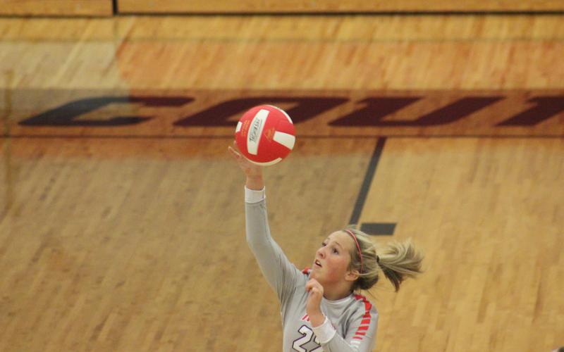 Rabun County Lexi Crump attempts a kill against Union County during the GHSA Class A/AA Area 8-Public championship match at Ken Byrd Court in Tiger last Thursday night. (Glendon Poe/The Clayton Tribune)