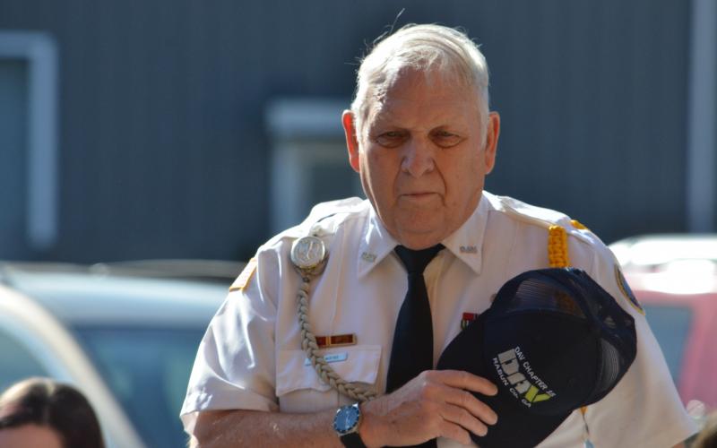 DAV Commander Doug Wayne pauses Monday to remember Rabun County's military veterans.