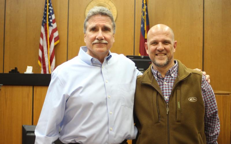 Megan Broome/The Clayton Tribune. Greg James, left, will continue in his current role as Rabun County Commission Chairman, while Scott Crane has been selected commission vice-chairman.