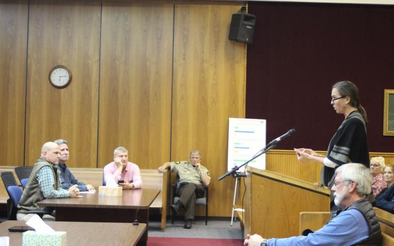 Megan Broome/The Clayton Tribune Sarah Gillespie addresses county commissioners at a public meeting last week on the proposed purchase of National Forest Service land at Boggs Mountain.