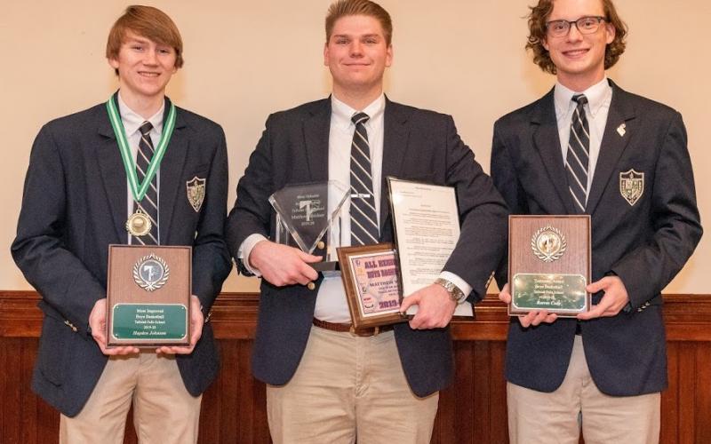 Submitted photo From varsity boys basketball are seniors Hayden Johnson of Demorest, Most Improved Award; Matthew Weidner of Demorest, Most Valuable Player; Reeves Cody of Cornelia, Teammate Award. 