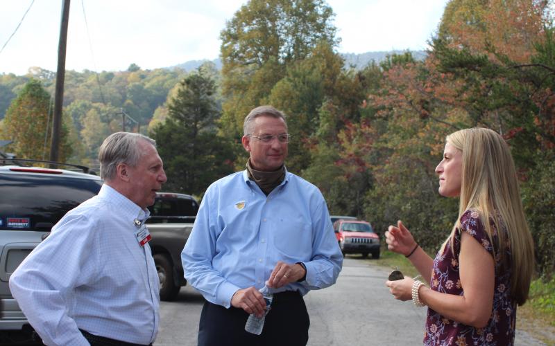 Megan Broome/The Clayton Tribune. Sam Burns, president of the Rabun County Republicans, left, and Molly Lima, Board of Education member, talk with Rep. Doug Collins at last Saturday’s meet-and-greet. 