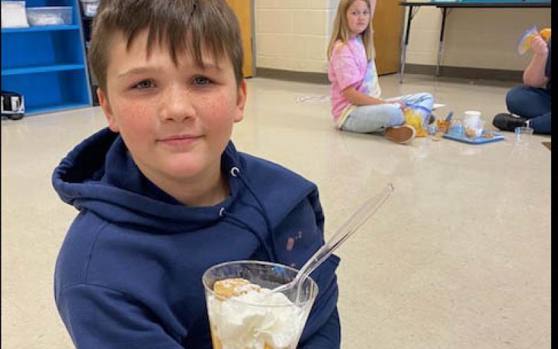 Photo courtesy Rabun County Schools. Cristina Weber’s 5th grade science class students are learning about mixtures and solutions. They made a thanksgiving favorite, pumpkin pie(in a bag), and made observations about states of matter, mixtures and solutions.