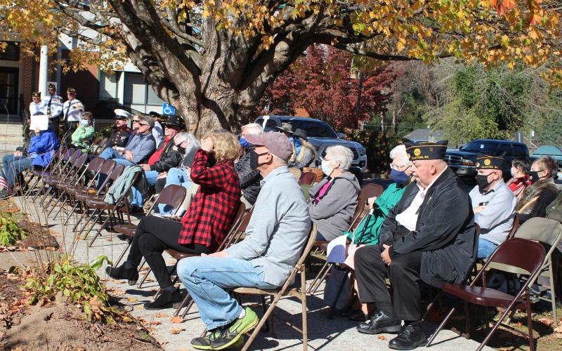 Megan Broome/The Clayton Tribune. A crowd of people attended a ceremony to honor Veterans Day at a ceremony at the Rabun County Courthouse last Saturday. Veterans organizations such as the Disabled American Veterans (DAV), chapters of Veterans of Foreign Wars (VFW) and chapters of the American Legion from Rabun and surrounding counties attended the event. 