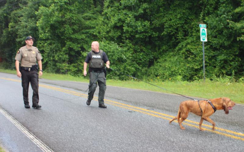  Megan Broome/The Clayton Tribune. Corporal Clinton Scott with the Rabun County Sheriff’s Office and Officer Brant Benoit with the Georgia Department of Corrections Office of Professional Standards K-9 Unit, along with his K-9 partner Scarlett search for a suspect near the Tallulah River who fled on foot following a traffic stop by GSP on Monday morning. 