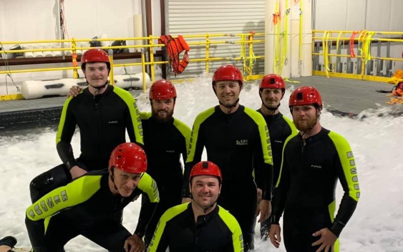Submitted photo. Back row: Isaac Williams, Jess Watts, Chris Wright, Will McCracken, McCord Johnson. Front row: Steve Patterson and  Hunter Hargrave attend a course at the Fathom Academy Swiftwater Rescue Training Center in Georgetown, Texas in 2019. 