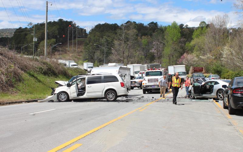 Megan Broome/The Clayton Tribune. Rabun County and Habersham County Emergency personnel work a three-vehicle serious injury crash on Ga. 15 in Tallulah Falls Thursday afternoon. One was airlifted following the crash. Left photo: Enoch Autry/The Clayton Tribune. A three-vehicle crash on Ga. 15 in Tallulah Falls Thursday afternoon resulted in serious injuries. One was airlifted following the crash.