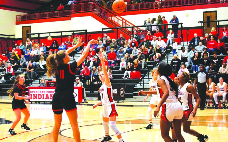 Luke Morey/The Clayton Tribune. Junior Lucy Hood knocks home a deep midrange shot against Stephens County on Friday, Jan. 6. Hood posted 18 points in both games on Friday and Saturday as the Lady Cats now enter region play. 