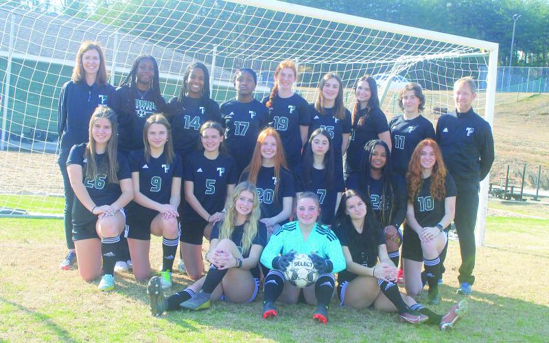 Submitted photo. Members of Tallulah Falls’ varsity girls soccer team for 2023 are front row (from left),  Millie Holcomb, Kyndal Anderson and Addie Higbie. Middle row are (from left)  Maddie LeBlanc, Bailey Crumley, Meredith Morris, Sarah Lundy, Rebecca Heyl, Lily Desta, Jenna Chesser. Back row are (from left) Assistant Coach Sonya Chesser, Manager Jane Ibemere, Leah Desta, Ashlyn Cleveland, Josie Chesser, Gemma Farris, Tessa Foor, Stasa Beratovic, Head Coach Travis Mullis.