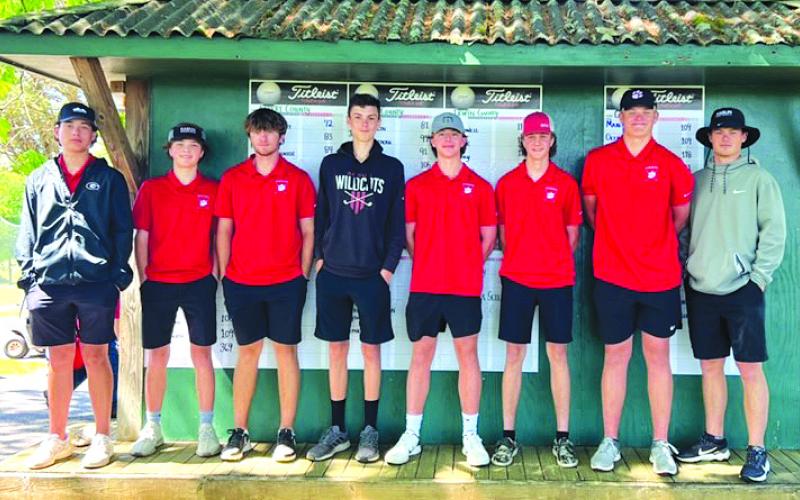 Submitted photo. The Rabun County golf team advanced to the State tournament thanks to a play-off round at the area tournament on Monday, April 24. Pictured from left, junior Blake Weber, sophomore Gauge Sudderth, junior Marcus Remilliard, junior Noah Thurmond, junior Charlie Cuttino, freshman Owen Thompson, junior Jack Hood, and RCHS golf head coach Wes Holcombe.