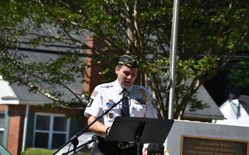 Megan Broome/The Clayton Tribune. Jim Morgan, CDR. DAV. Ch. 15 was the speaker at the Memorial Day Ceremony at the Rabun County Courthouse Monday, May 29. 