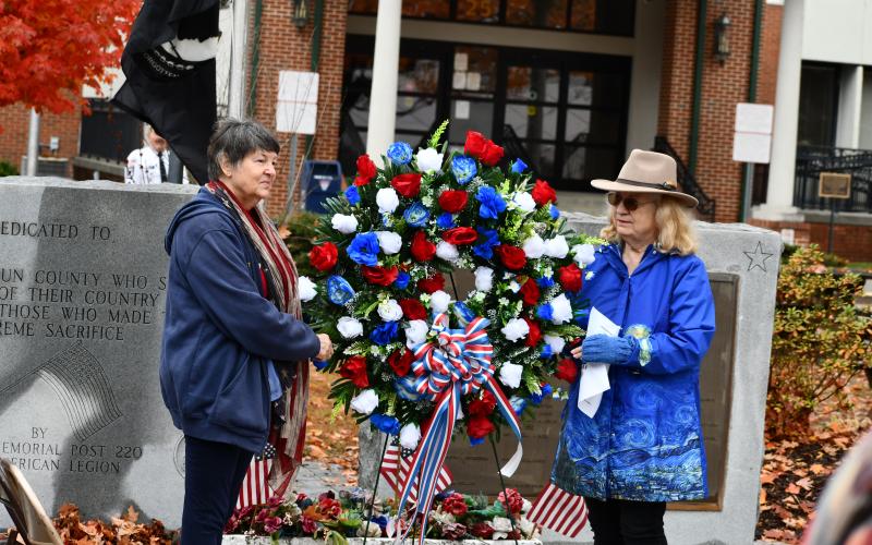 Megan Horn/The Clayton Tribune. The wreath was then placed at Veterans Park. It was donated in memory of Pete Foster by Jean Foster and Family.