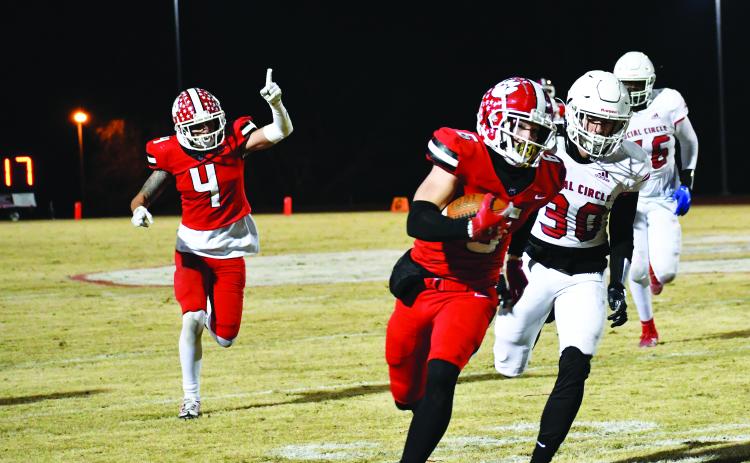 Luke Morey/The Clayton Tribune. Senior wide receiver Jaden Gibson takes an out route to the house in a GHSA Playoff game against Social Circle on Friday, Nov. 18. Gibson was named to the All-State team on Monday, Jan 9. 