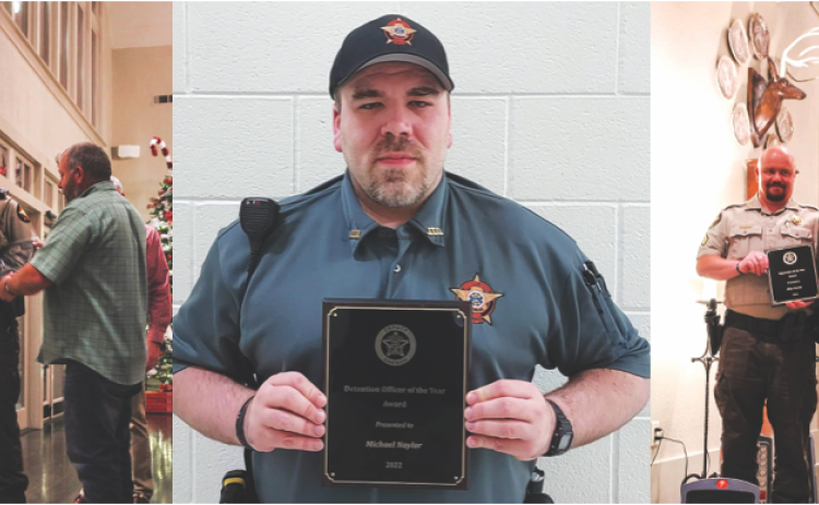 Deputy Steven Barnes is presented with the 2022 Cpl. Courtney Zajdowicz DUI Award by David Cross, father of Zajdowicz; Sgt. Michael Naylor was awarded the 2022 Detention Officer of the Year Award; Sgt. Riley Owens, left, is presented with the 2022 Supervisor of the Year award by Sheriff Chad Nichols.