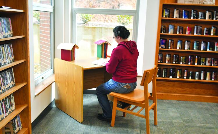 Megan Broome/The Clayton Tribune. Rabun County Public Library Branch Manager Dyana Costello Banks demonstrates one of the new “study nook” areas that will be available to patrons throughout the library when it reopens Feb. 6. These areas are one of the new features offered from renovations made in the library over the past month. 