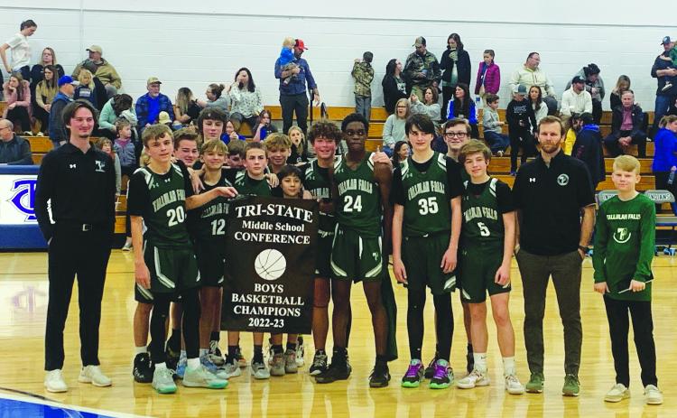 TFS Athletics. LEFT: The Tallulah Falls Middle School basketball team won their fourth Tri-State title in school history on Saturday, Jan. 28. Pictured from left: Coach Jake Carver, Asa Popham, William NeSmith, Lincoln Hicks, Jackson Cantrell, Jack Greene, Isaac Farris, Ryder Cantrell, Ethan Phasavang, Derrick Lane, Brian Neely, Brantley Addison, Ryan Anderson, Grant Smith, coach Nathan Stanley and Austin Whitener.