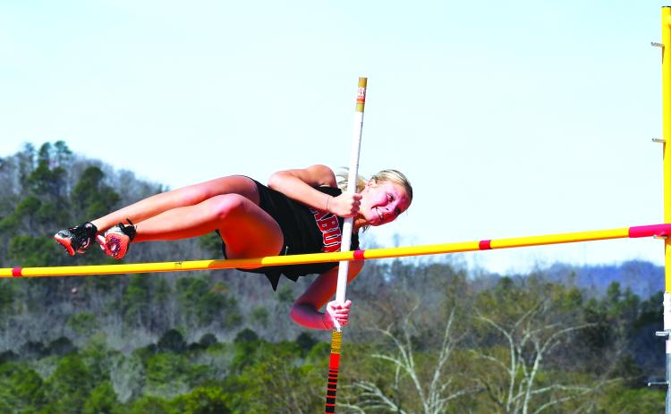 Luke Morey/The Clayton Tribune. RCHS senior Molly Jo Wright took fifth place in the pole vault during the Bo James Invitiational on Saturday, March 11. Wright finished with a mark of 8 feet flat. Wright also helped set a new school record on Tuesday, March 7, in the 4X800 with Molly Mazarky, Trea Blalock and Reese Green. 