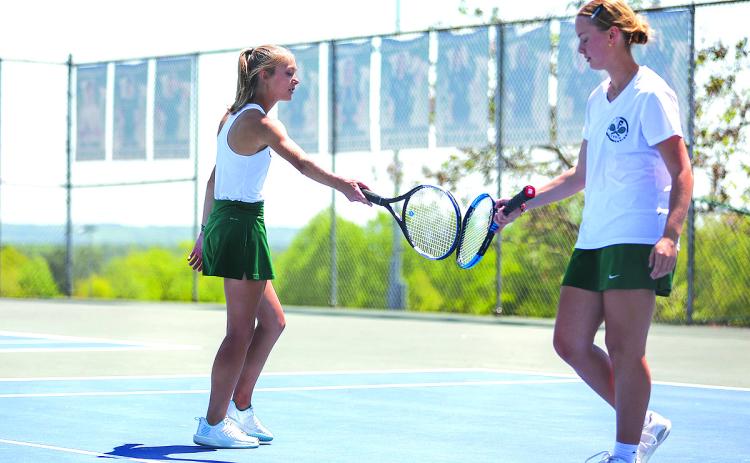 Photo courtesy Austin Poffenberger. Tallulah Falls No. 2 doubles team Cassidy Hayes (left) and Landy Carnes celebrate a point against Galloway to advance to the Elite Eight. 