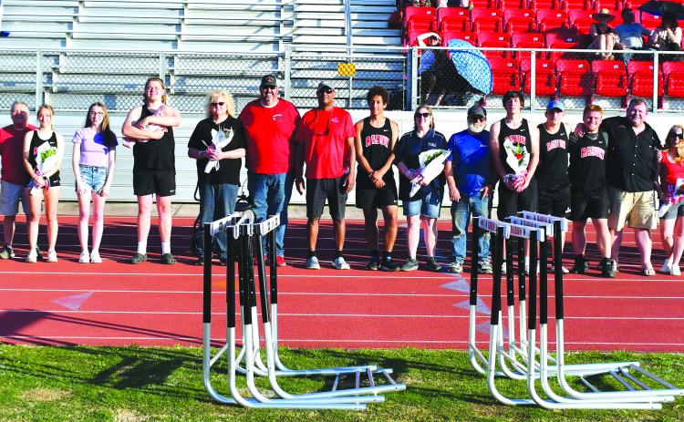 Luke Morey/The Clayton Tribune. The Rabun County track and field team honored their seniors in the last home meet of the season on Wednesday, April 19. The seniors include, from left, Molly Jo Wright, Delaney Webb, Kiley Turner, Mike Swager, Britt McKissack, Jayton Henry, Jet Galbreath, Sam Flaherty, Trea Blalock and Caroline Bahin. The track and field team now travels to Elberton for regionals on Wednesday, April 26, and Friday, April 28.